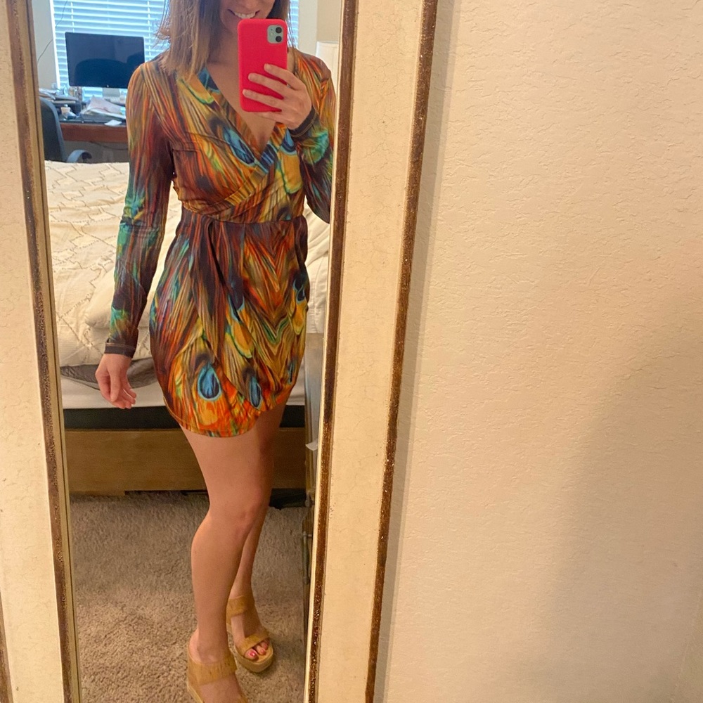 Peacock Dress Long Sleeve Body Con Open Back Detail